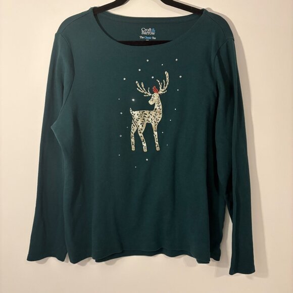 Croft & Barrow Size XXL Green Cotton Soft Long Sleeve Holiday Deer Print Top‎ - Picture 1 of 5